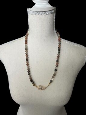 Natural Stone Necklace with Gold Leaf Accent- Handmade